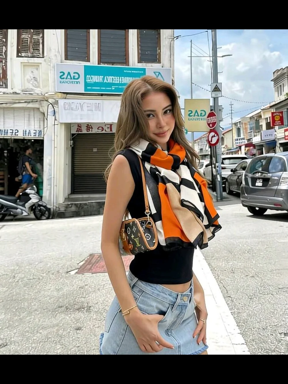 Silk-Feel Geometric Print Scarf - Orange, Cream & Black 35.4